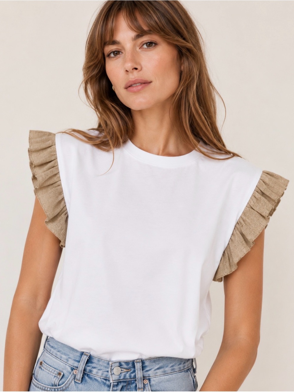 Zara White Cotton Blend Tee Metallic Gold Ruffle Sleeve Top Size S